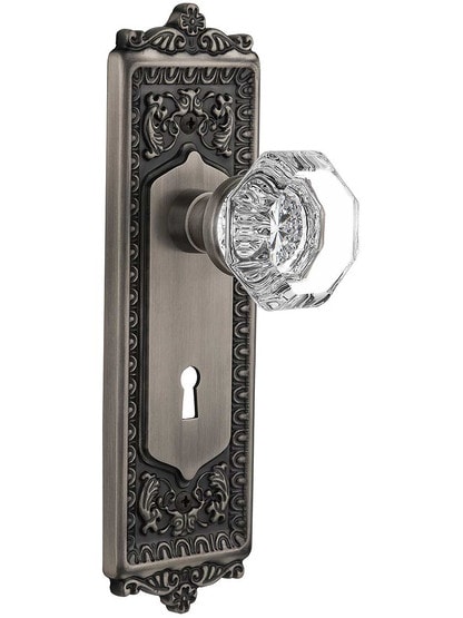 Egg and Dart Door Set with Waldorf-Crystal Glass Knobs and Keyhole - 2 3/8 in Antique Pewter.